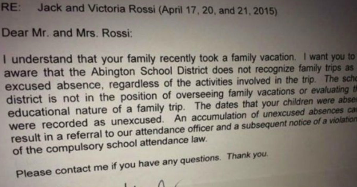 Dad Responds To School Principal Who Sent Nasty Letter Home About Him Taking His Kids On Vacation